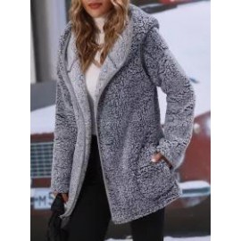 Casual Loose Solid Color Plush Warm Hooded Long Sleeve Coat