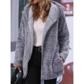 Casual Loose Solid Color Plush Warm Hooded Long Sleeve Coat