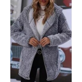Casual Loose Solid Color Plush Warm Hooded Long Sleeve Coat