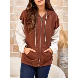 Ladies Polar Fleece Long Sleeve Colorblock Cardigan Sweatshirt