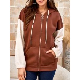 Ladies Polar Fleece Long Sleeve Colorblock Cardigan Sweatshirt