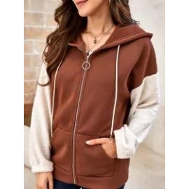 Ladies Polar Fleece Long Sleeve Colorblock Cardigan Sweatshirt