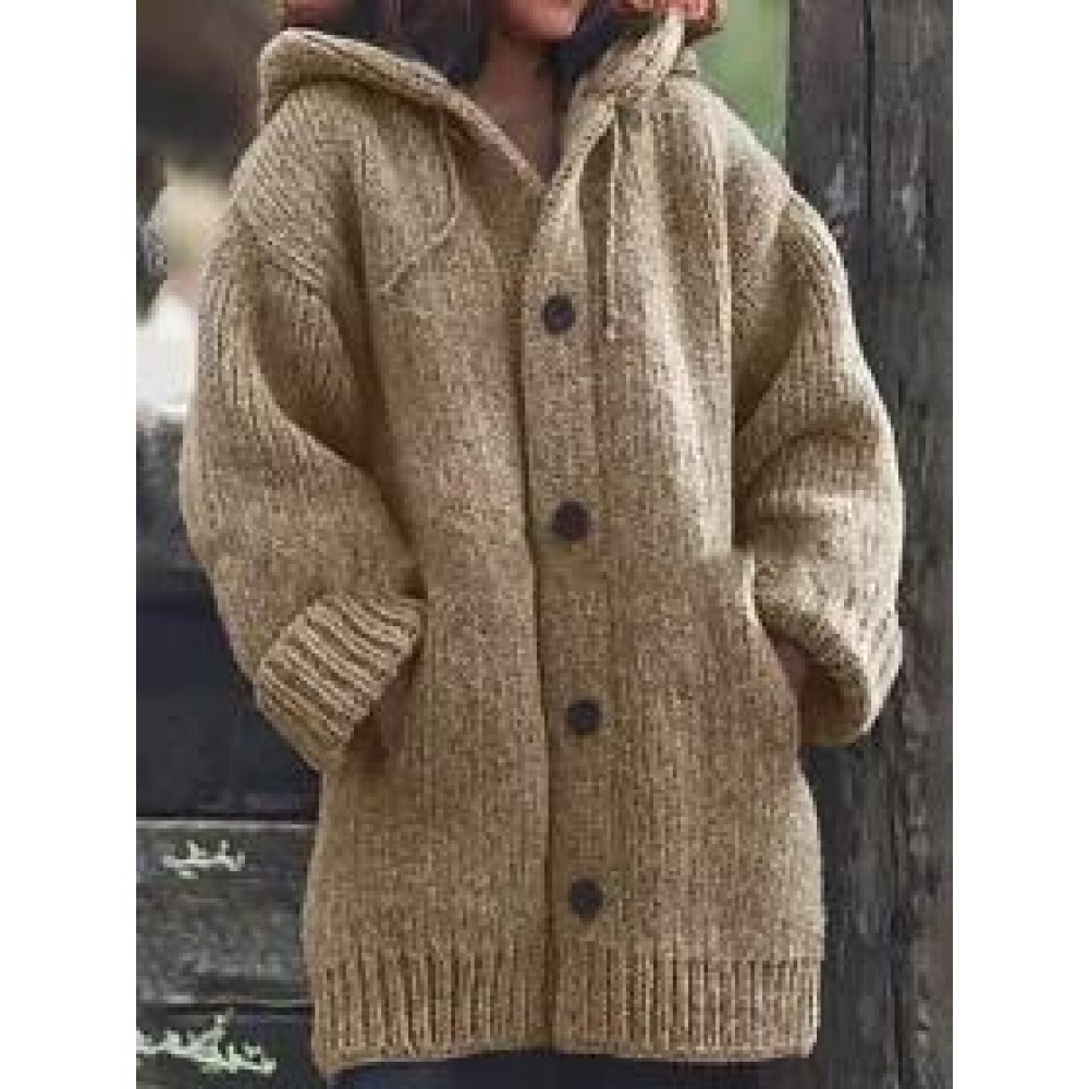 Casual Single Breasted Drawstring Plain Hooded Cardigans Casual Single Breasted Drawstring Plain Hooded Cardigans