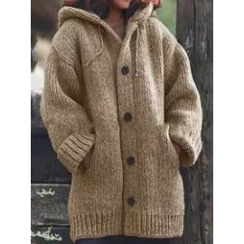 Casual Single Breasted Drawstring Plain Hooded Cardigans