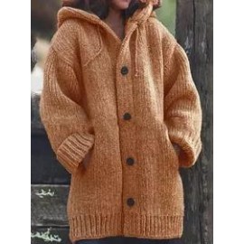 Casual Single Breasted Drawstring Plain Hooded Cardigans