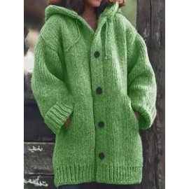 Casual Single Breasted Drawstring Plain Hooded Cardigans