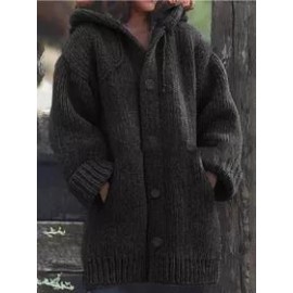 Casual Single Breasted Drawstring Plain Hooded Cardigans
