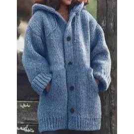 Casual Single Breasted Drawstring Plain Hooded Cardigans