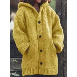 Casual Single Breasted Drawstring Plain Hooded Cardigans