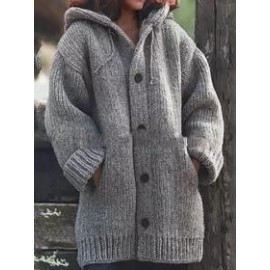 Casual Single Breasted Drawstring Plain Hooded Cardigans