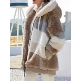 Casual Loose Contrast Plush Panel Zip Hooded Coat