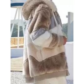 Casual Loose Contrast Plush Panel Zip Hooded Coat