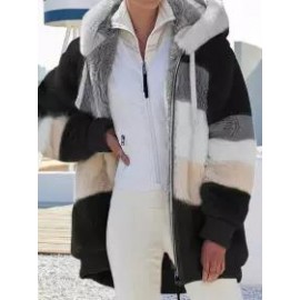 Casual Loose Contrast Plush Panel Zip Hooded Coat