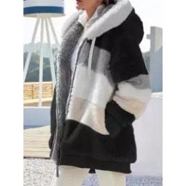 Casual Loose Contrast Plush Panel Zip Hooded Coat