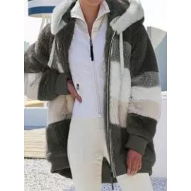 Casual Loose Contrast Plush Panel Zip Hooded Coat