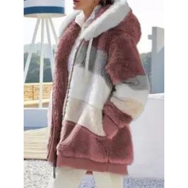 Casual Loose Contrast Plush Panel Zip Hooded Coat