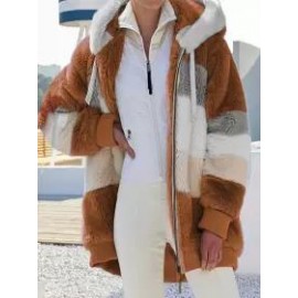 Casual Loose Contrast Plush Panel Zip Hooded Coat