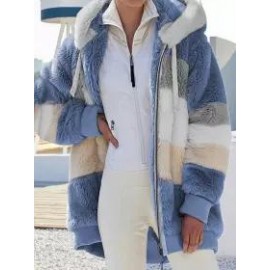 Casual Loose Contrast Plush Panel Zip Hooded Coat