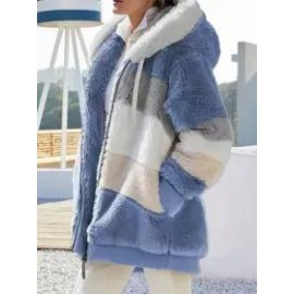 Casual Loose Contrast Plush Panel Zip Hooded Coat