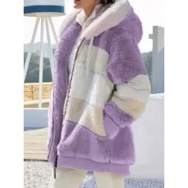 Casual Loose Contrast Plush Panel Zip Hooded Coat