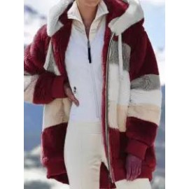 Casual Loose Contrast Plush Panel Zip Hooded Coat