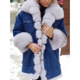 Casual Solid Denim Warm Plush Long Sleeve Coat