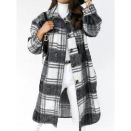 New Women's Long-sleeved Plaid Print Mid-length Shirt Jacket