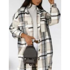 New Women's Long-sleeved Plaid Print Mid-length Shirt Jacket