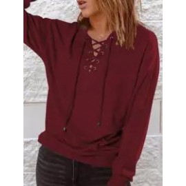 Casual Loose Solid Tie Long Sleeve Hoodie