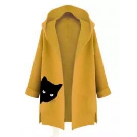 Hooded Cat Printed Woolen Color Block Coat