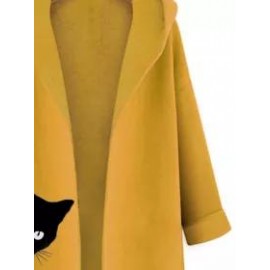 Hooded Cat Printed Woolen Color Block Coat