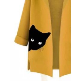 Hooded Cat Printed Woolen Color Block Coat