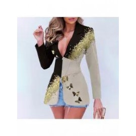 Elegant Sprinkled Gold Sequined Gold Butterfly Print Waist Suit