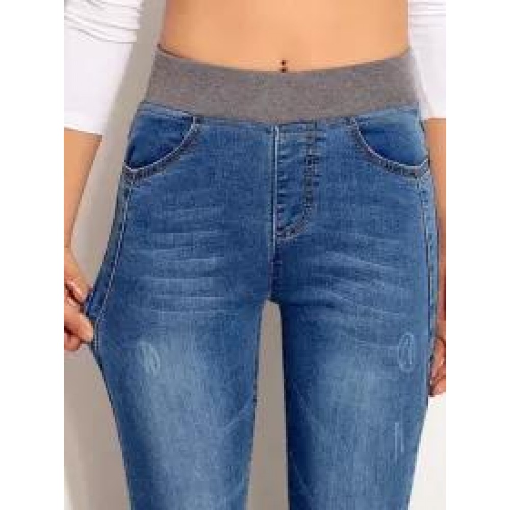 Casual Solid Color Denim High Waist Stretch Leggings