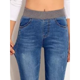 Casual Solid Color Denim High Waist Stretch Leggings