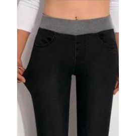 Casual Solid Color Denim High Waist Stretch Leggings