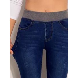 Casual Solid Color Denim High Waist Stretch Leggings