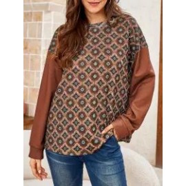 Ladies Round Neck Print Stitching Long-sleeved Sweater