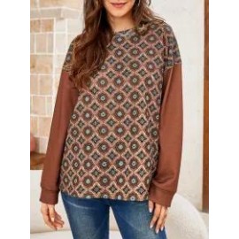 Ladies Round Neck Print Stitching Long-sleeved Sweater