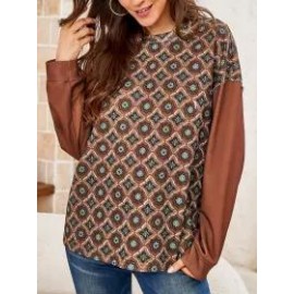 Ladies Round Neck Print Stitching Long-sleeved Sweater