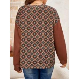 Ladies Round Neck Print Stitching Long-sleeved Sweater