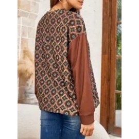 Ladies Round Neck Print Stitching Long-sleeved Sweater