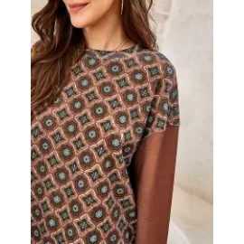 Ladies Round Neck Print Stitching Long-sleeved Sweater