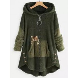Loose Casual Cat Print Lamb Wool Cardigan Hooded Coat