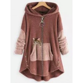Loose Casual Cat Print Lamb Wool Cardigan Hooded Coat