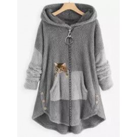 Loose Casual Cat Print Lamb Wool Cardigan Hooded Coat