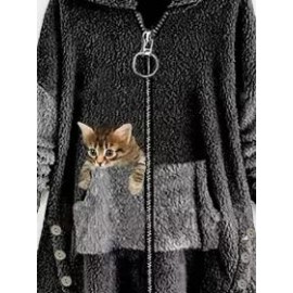 Loose Casual Cat Print Lamb Wool Cardigan Hooded Coat