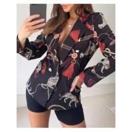 Scarf Print Double Button Flap Detail Blazer