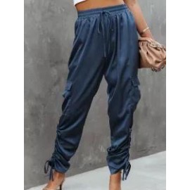 Casual Solid Tie Elastic Waist Pocket Trousers