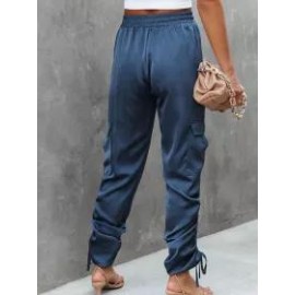 Casual Solid Tie Elastic Waist Pocket Trousers